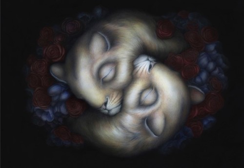 Digital illustration of two small furry animals nestled into each other