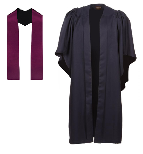 Black academic gown and cherry coloured stole on a white background