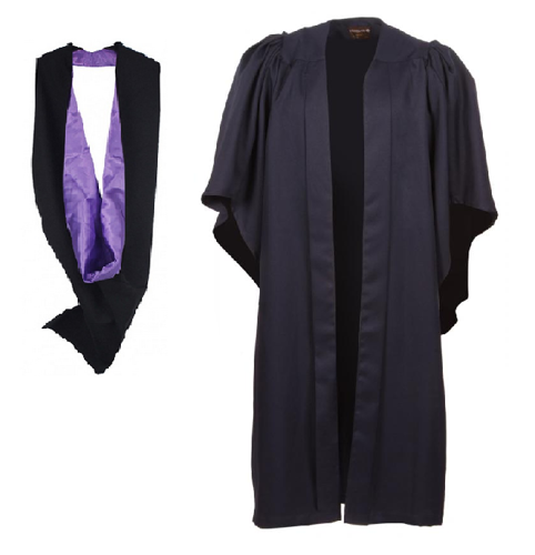 Black academic robes and Parma Violet academic hood on a white backgrounf