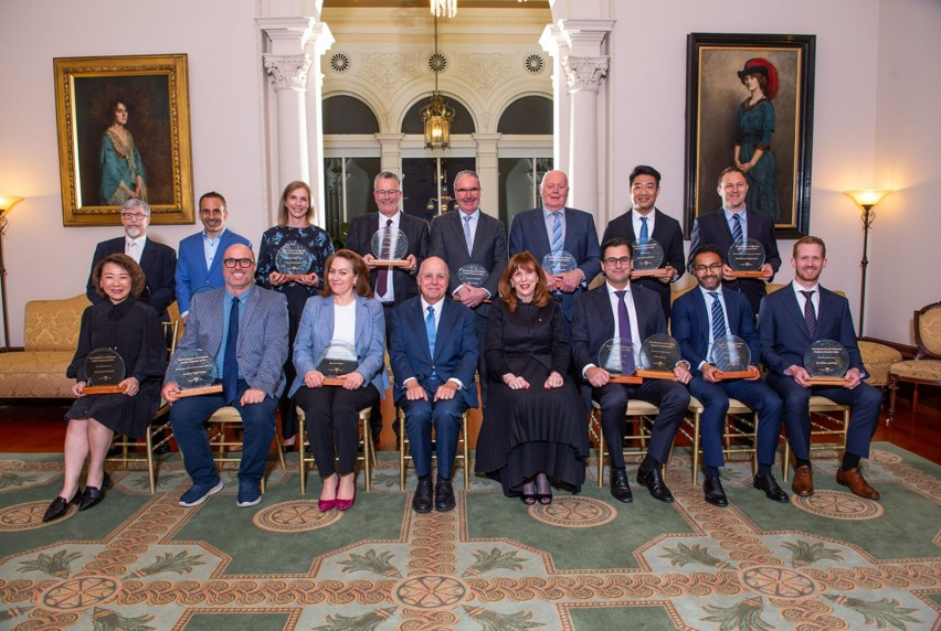 Winners of the 2024 Victorian Export Awards pose for a group photo with their awards, alongside Her Excellency Professor the Honourable Margaret Gardner AC Governor of Victoria and Minister for Economic Growth, Tim Pallas.