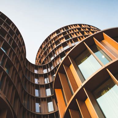 A worm's-eye view of a modern building