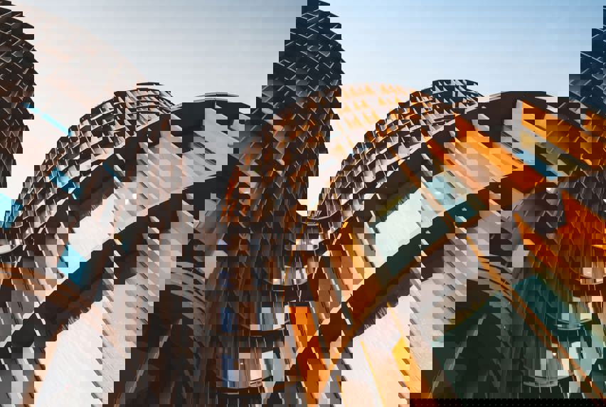 A worm's-eye view of a modern building
