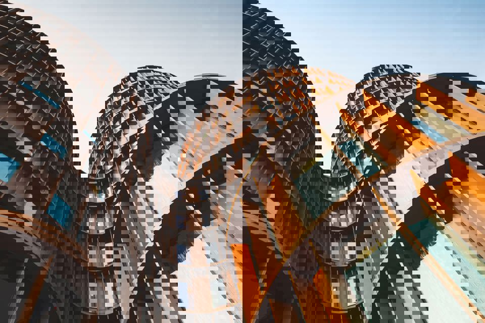 A worm's-eye view of a modern building