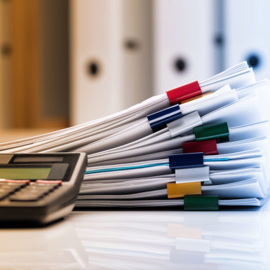 A pile of paperwork sitting on a desk next to a calculator