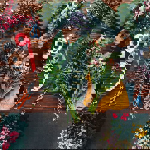 A bird's-eye view of flowers being trimmed and tied together for a bouquet 