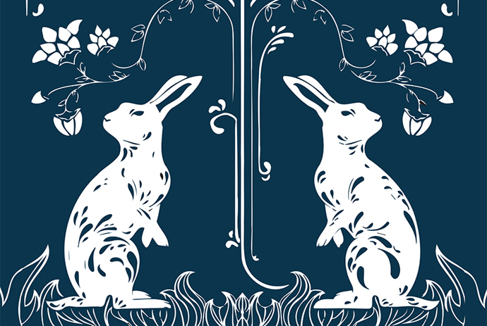 Stylised illustration of two rabbits standing on grass, symmetrically flanking a decorative plant with flowers, all in white against a dark blue background, reminiscent of a classic, elegant book illustration or event flyer design.