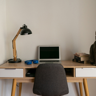Neat desk including a laptop, lamp, headphones, books, and a cat. 