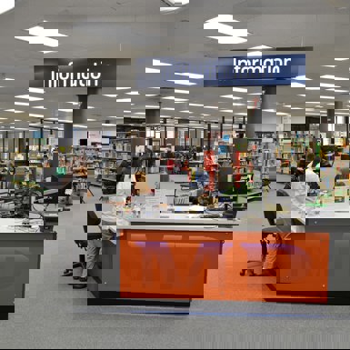 Information desk at Melbourne Polytechnic's Preston Library