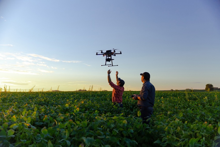 Men using a drone in a field