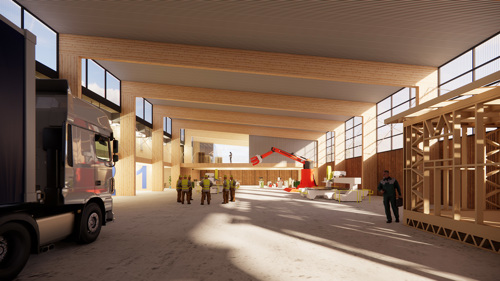 Artist’s impression of the Future of Housing Construction Centre of Excellence, showcasing advanced construction equipment and a building frame.