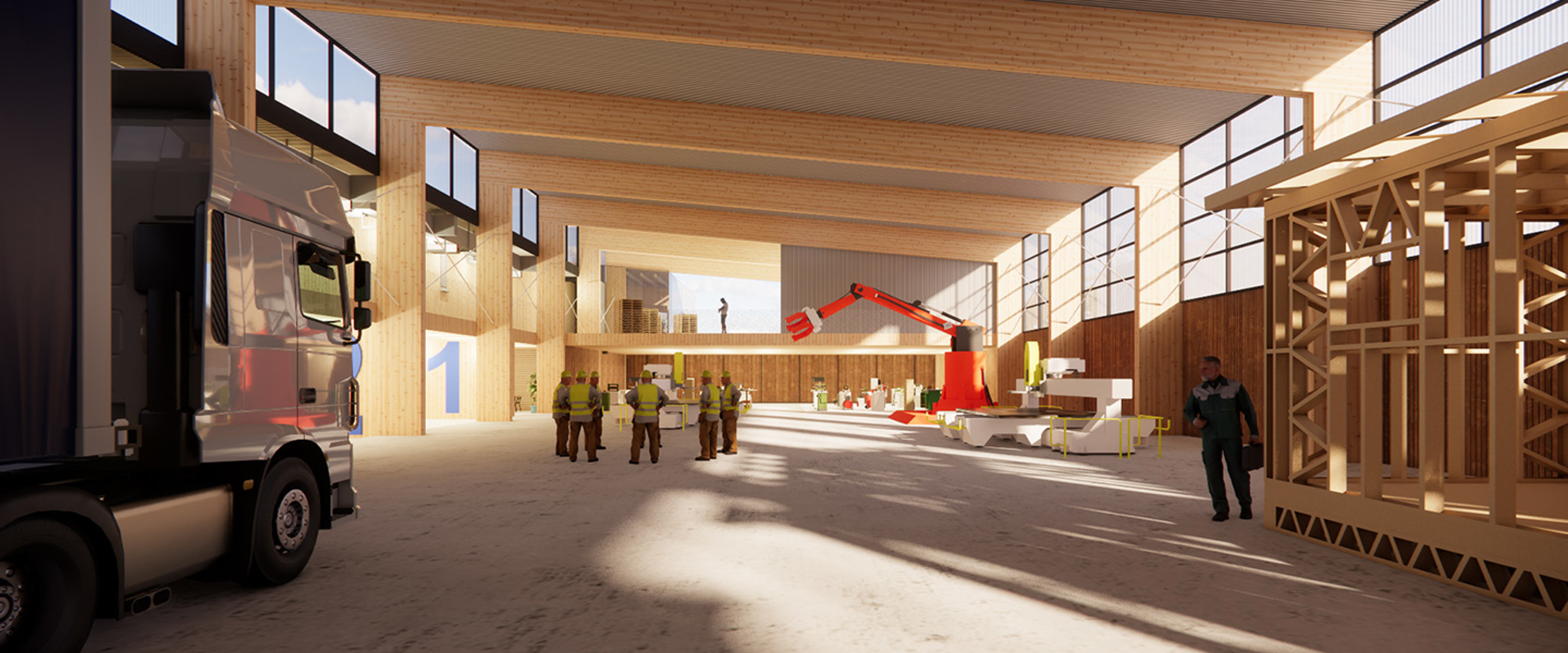 Artist’s impression of the Future of Housing Construction Centre of Excellence, showcasing advanced construction equipment and a building frame.