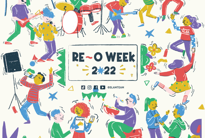 Re-O Week 2022 graphic has a cream background and bright colour characters interacting with different activities