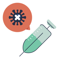 Illustration of stylised hypodermic needle and representation of covid-19 virus