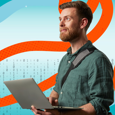 An image of a man using a laptop and smiling with illustrated background.