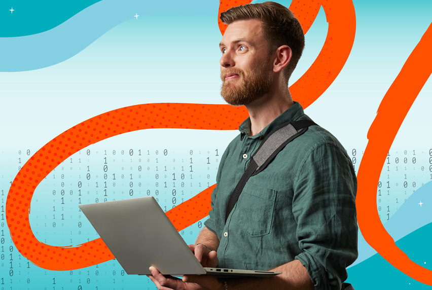 An image of a man using a laptop and smiling with illustrated background.