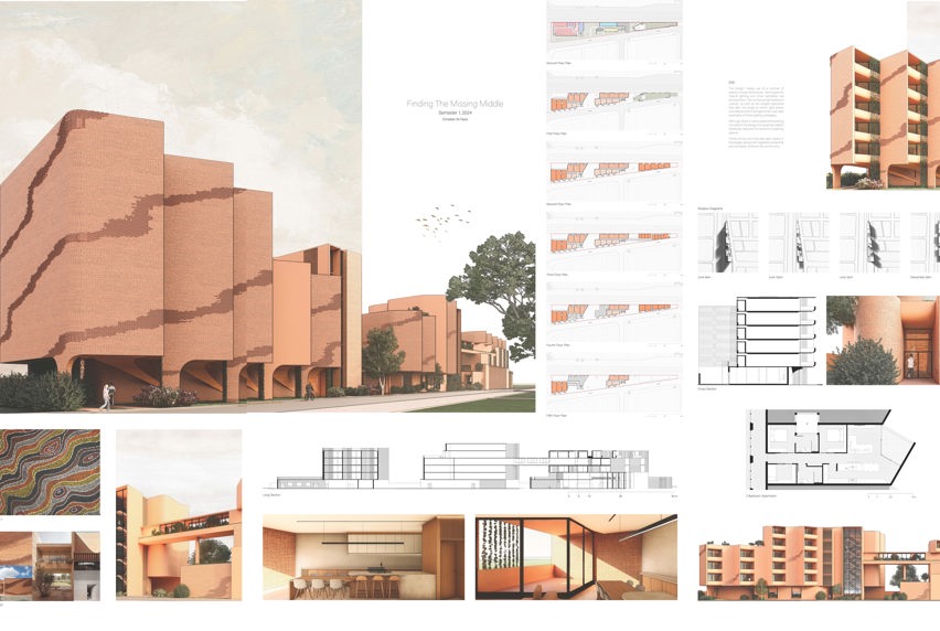 Architectural drawings and plans showcasing detailed designs for a building, highlighting various structural elements.