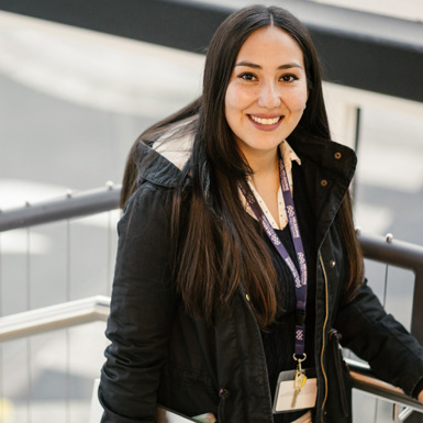 Portrait of Estefania Outstanding Student of The Year smiling and wearing a Melbourne Polytechnic Lanyard
