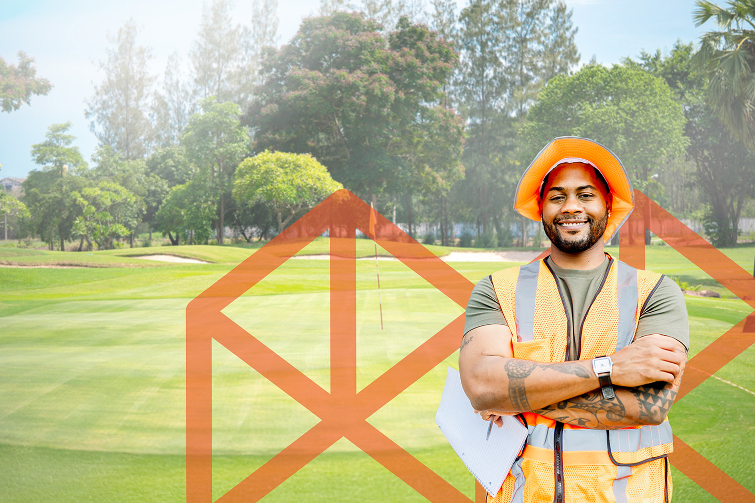 Man wearing hi-visibility vest, standing on a golf course with arms crossed overlaid on top of an orange Melbourne Polytechnic logo.