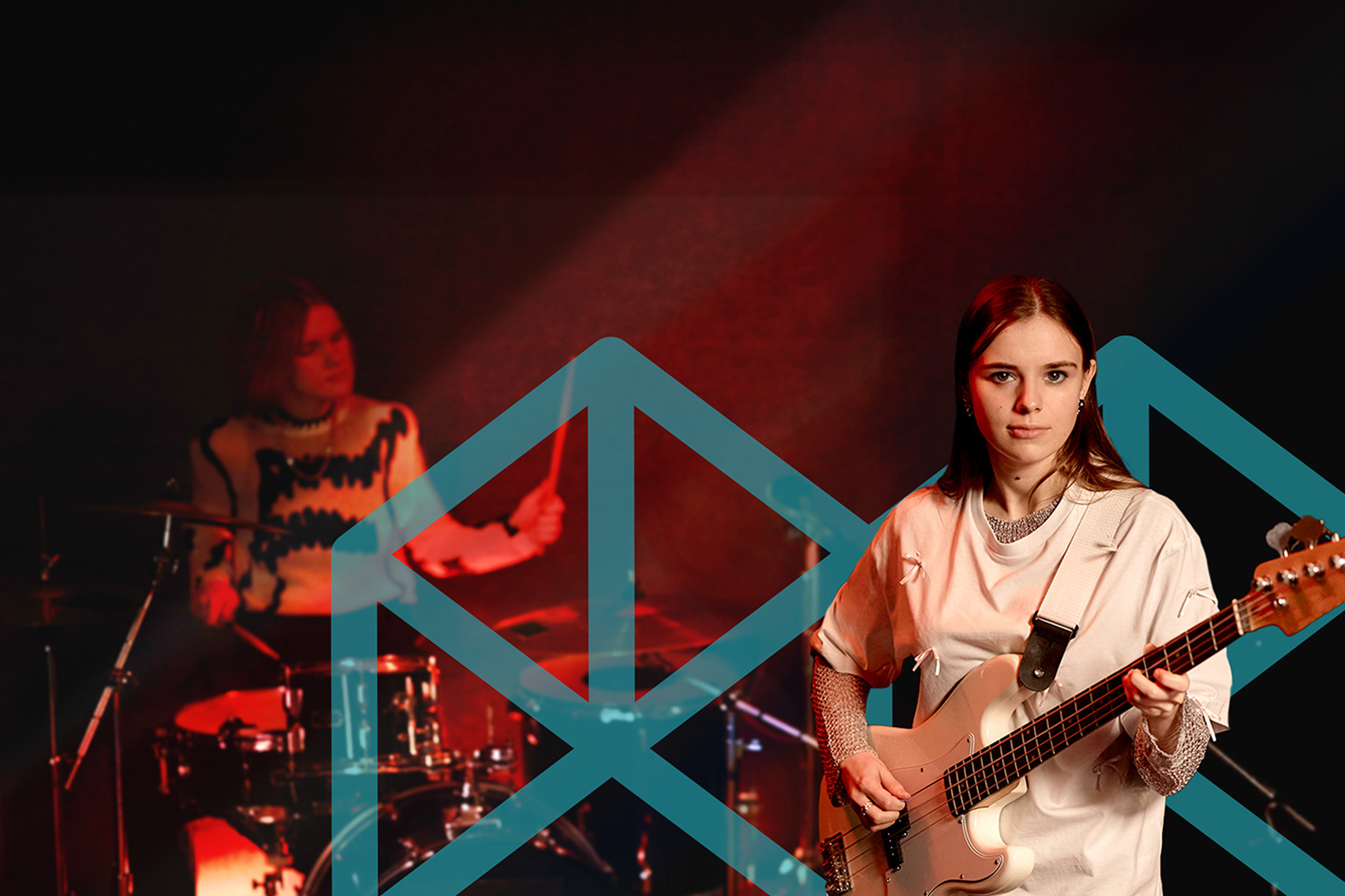 Student playing bass guitar in a band, overlaid on the Melbourne Polytechnic logo.