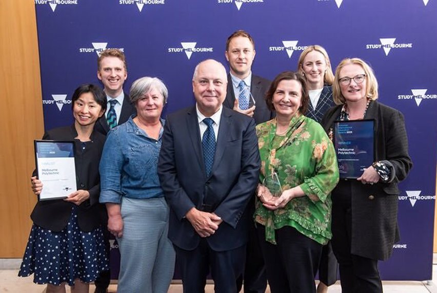 The Melbourne Polytechnic team pose for a photo with the Hon. Tim Pallas, MP, at the 2023 Victorian International Education Awards.