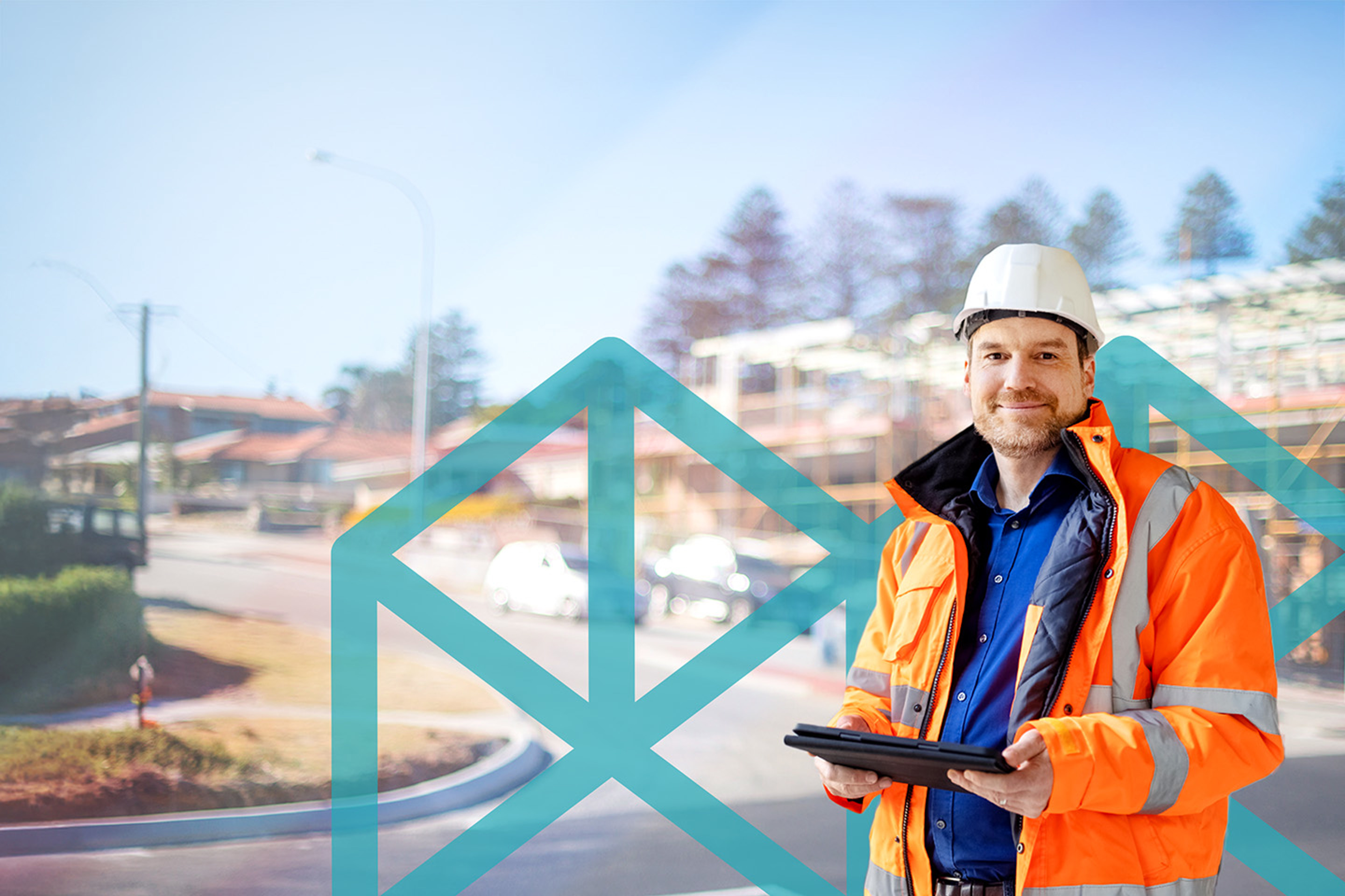 Man wearing high visibility jacket and holding tablet in front of a residential construction site, overlaid on the Melbourne Polytechnic logo.