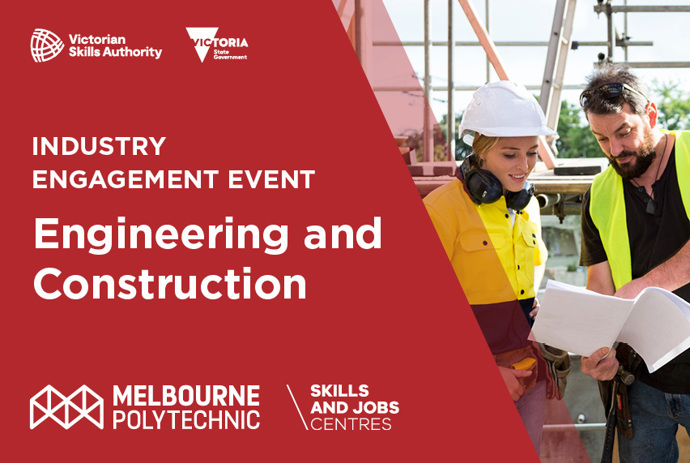 Industry Engagement Engineering Construction Event - Two construction workers in high visibility vests examining a document on a construction site.