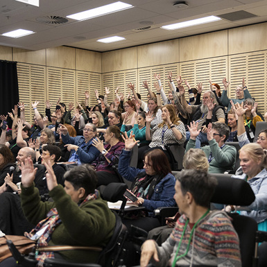 Attendees raising their hands in an auditorium at the Auslan Teachers Conference.