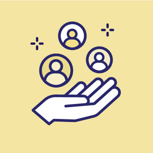 Icon of a hand holding up multiple diverse profile placeholder logos, symbolising inclusivity and the value of being welcoming.