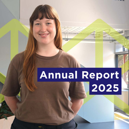 Woman in brown T‑shirt smiling, with overlaid text “Annual Report 2025”.