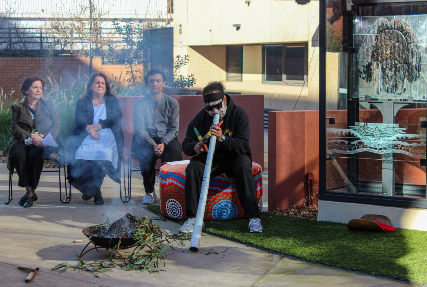 Jason Tamiru leads a Corroboree at the launch of the Uncle Jack Charles' Place of Belonging