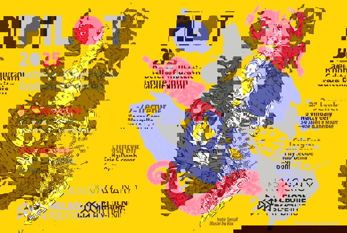 Poster for Pilot 2025 Bachelor Illustration Exhibition at No Vacancy Exhibition, 2–7 December, closing event Friday 5 December 6–9 pm.