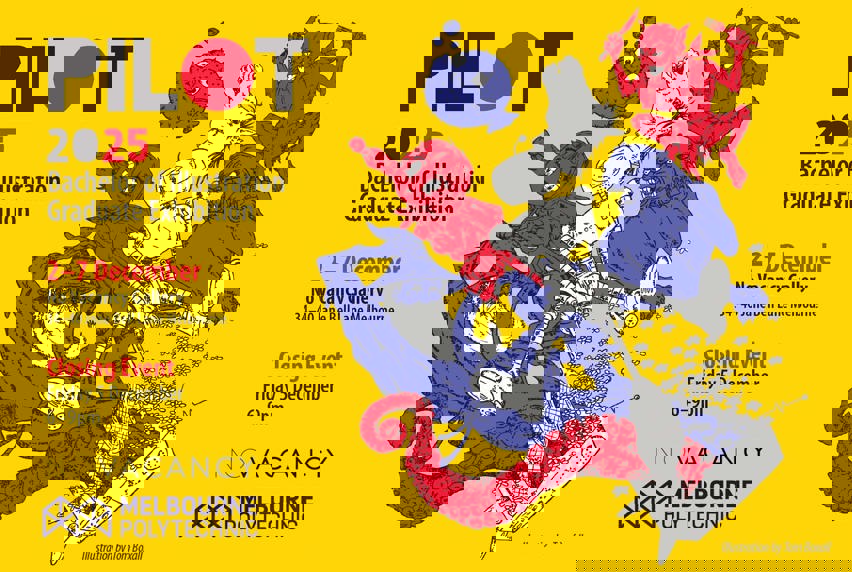 Poster for Pilot 2025 Bachelor Illustration Exhibition at No Vacancy Exhibition, 2–7 December, closing event Friday 5 December 6–9 pm.