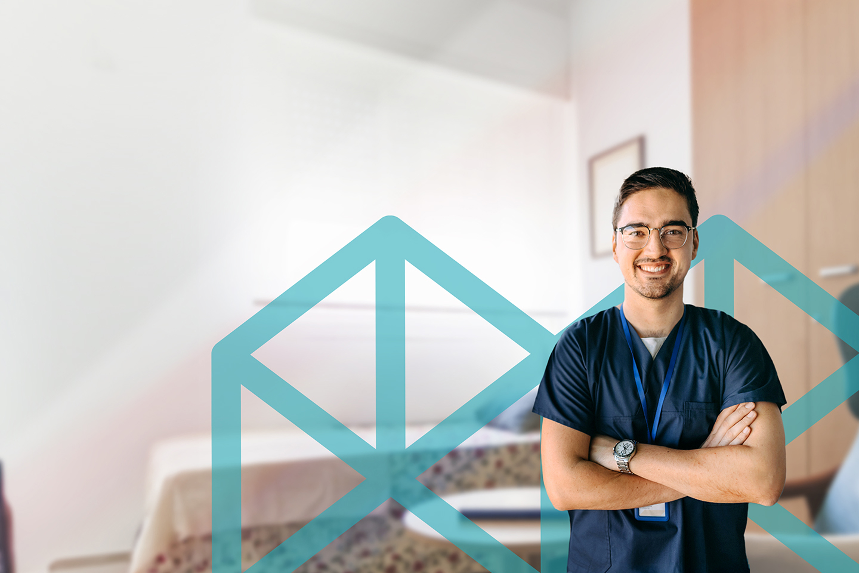 Man wearing dark blue scrubs with crossed arms, overlaid on the Melbourne Polytechnic logo.