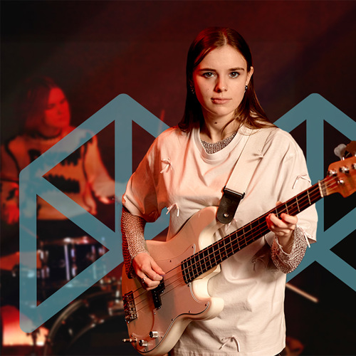 Student playing bass guitar in a band, overlaid on the Melbourne Polytechnic logo.